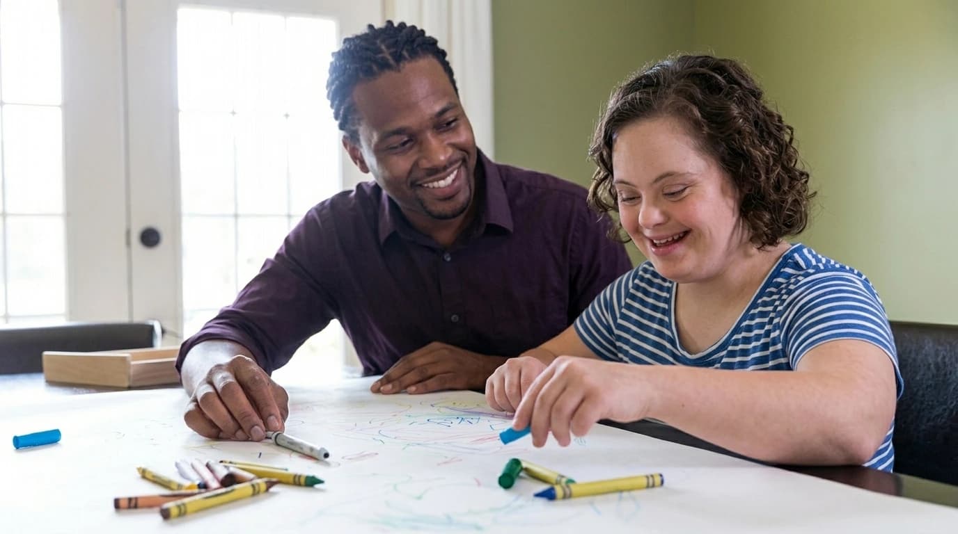 An Optimum Pathways support worker assisting a client with disability support